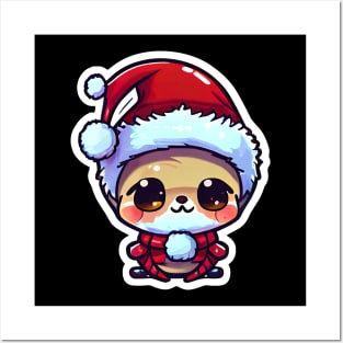 Chibi Kawaii Cute Adorable Winter Design Penguin Wearing Red Santa Claus Hat Posters and Art